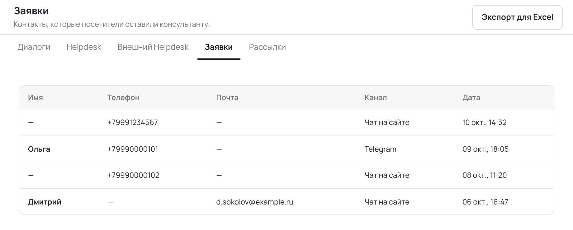 Экран кабинета: Диалоги → Заявки